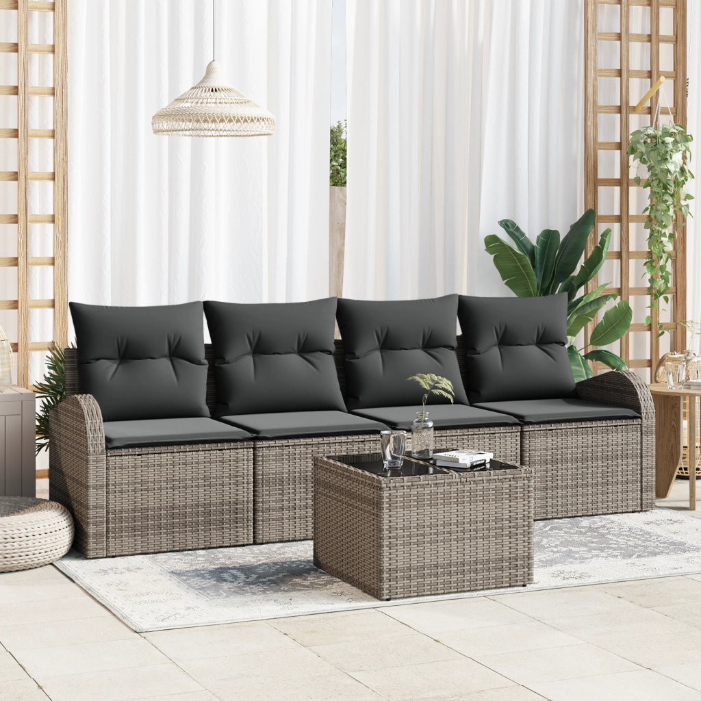 Set di divani da giardino da 5 pezzi con cuscini grigi in rattan sintetico