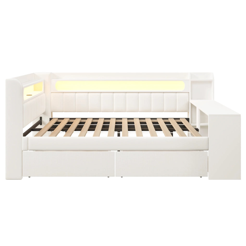 LETTO GIORNO 140x200 cm Bianco con scrivania, 2 cassetti, USB e LED
