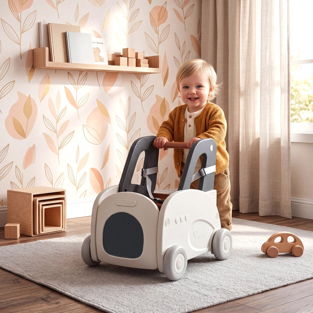 Girello primi passi per bambini con 4 ruote e seduta pieghevole contenitore portagiochi, Carrellino per cavalcare e camminare per bambini 1-3 anni