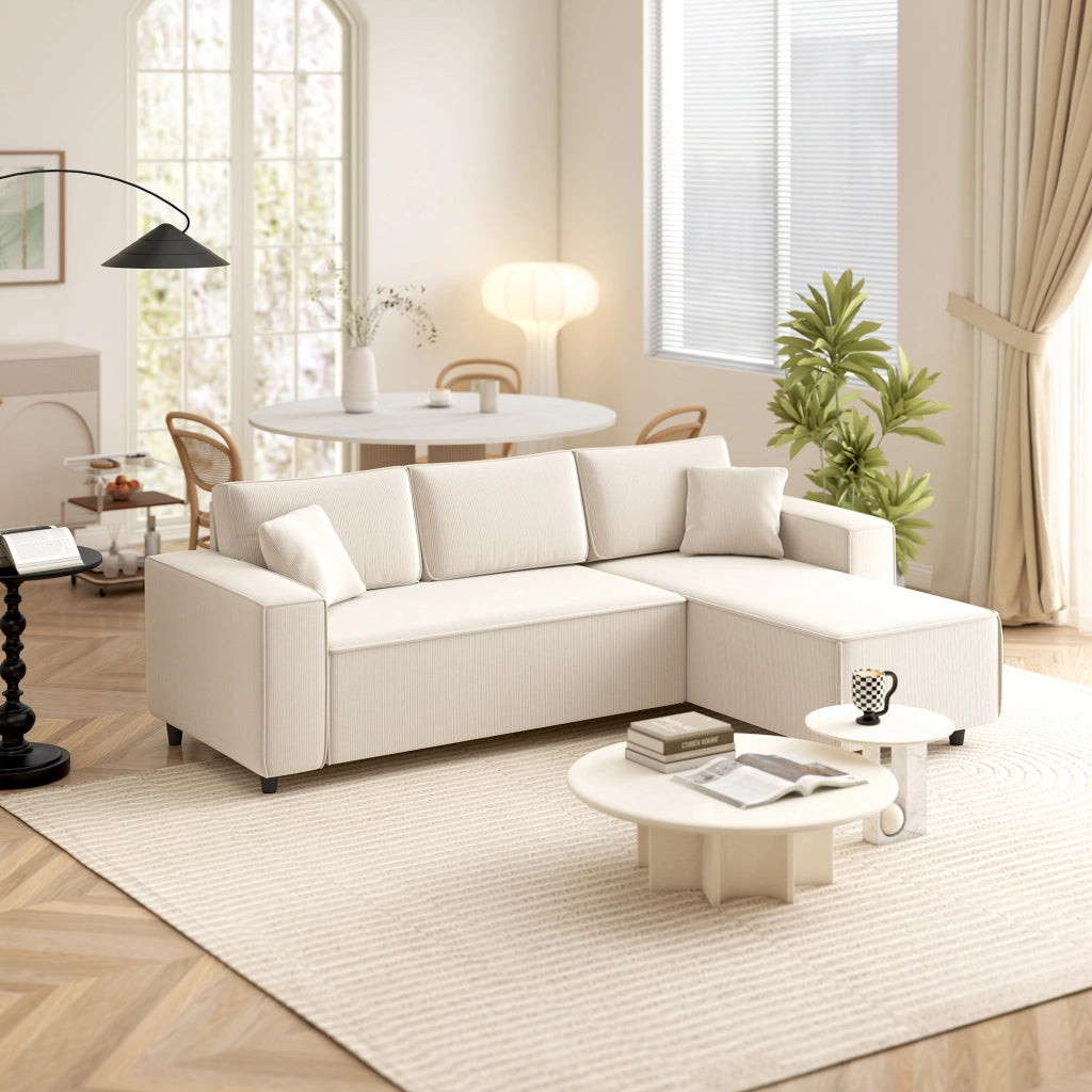 Divano con Penisola a 3 Posti 241x153x83 cm in Tessuto Effetto Velluto Bianco Crema