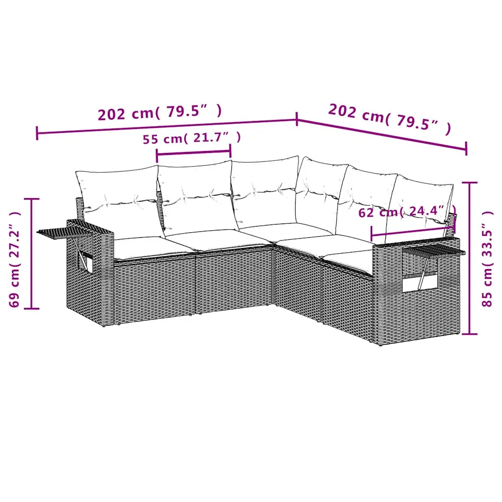 Set Divano da Giardino 5pz | Set Salotto da Giardino con Cuscini Grigio Chiaro Polyrattan