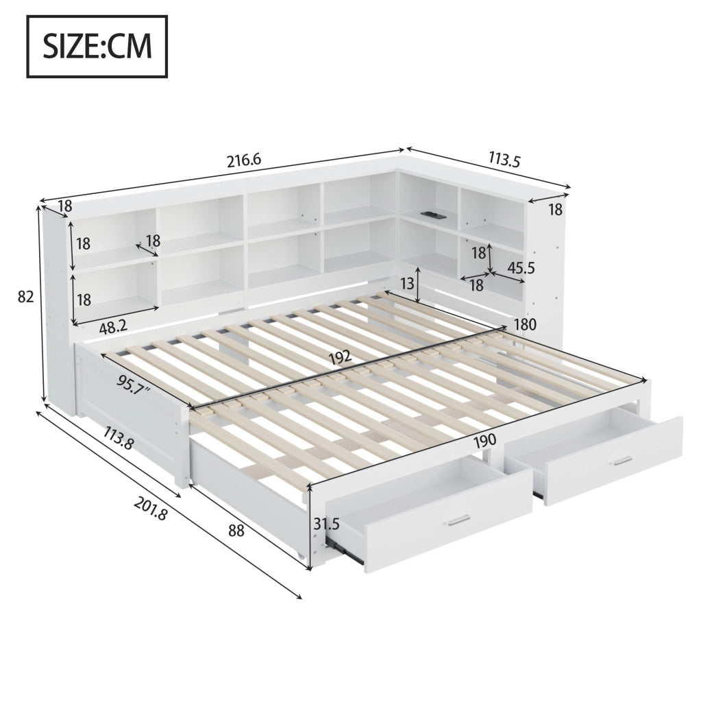 Letto multifunzionale estraibile in legno bianco 90/180 x 190 cm