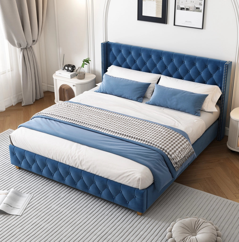 Letto imbottito 160x200 cm; testiera capitonn茅; velluto blu (Senza materasso)