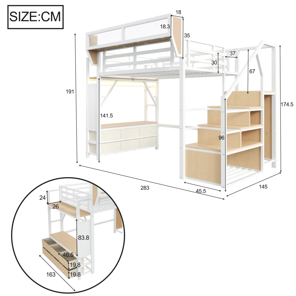 Letto a soppalco 140 × 200 cm con scaletta, ripiani, LED e cassetti in tessuto, senza materasso, bianco