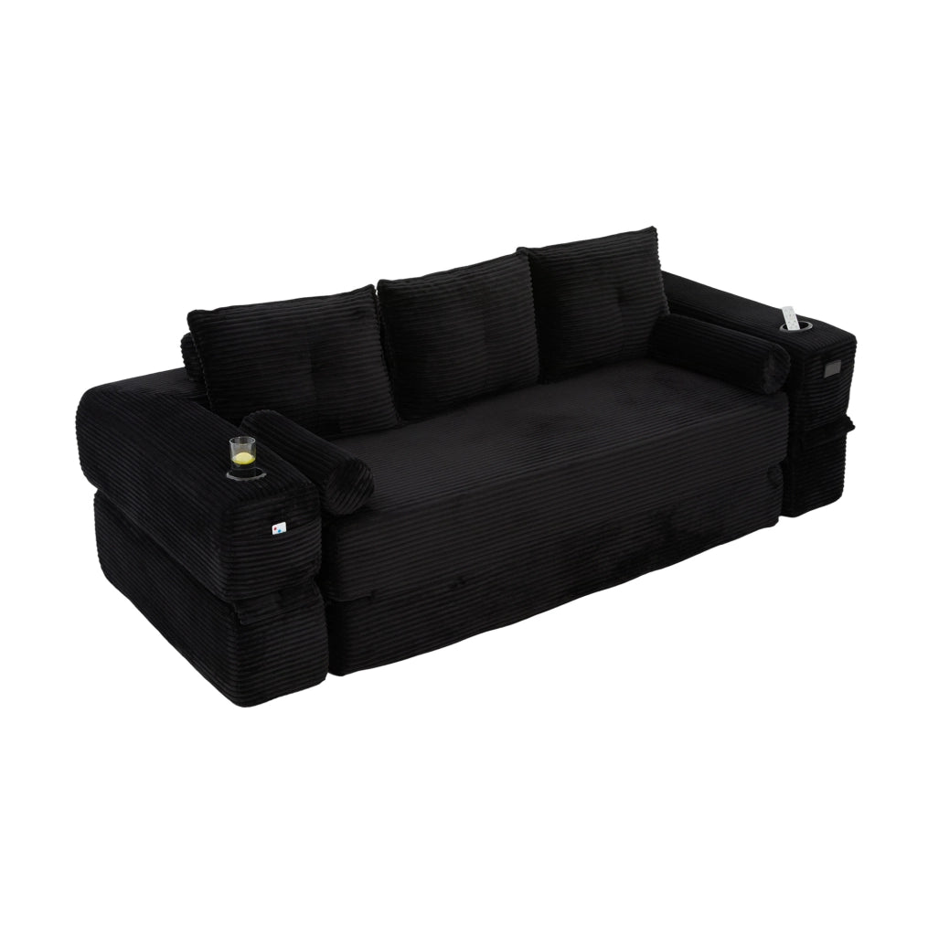 Divano letto ULEVR 232x98 cm in velluto a coste nero con portabevande, tasche laterali e cuscini memory