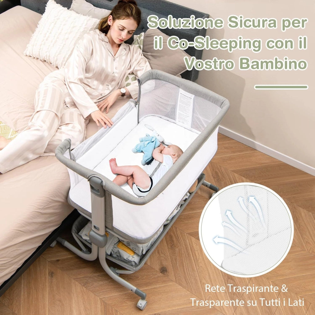 Culla Neonato con Matterasso, Culla Next to Me Piechevole con Altezza Regolabile a 6 Livelli, Lettino Bambino con Mensola Portaoggetti, Borsa da Trasporto, per Bambini 0-6 Mesi (Grigio Chiaro)