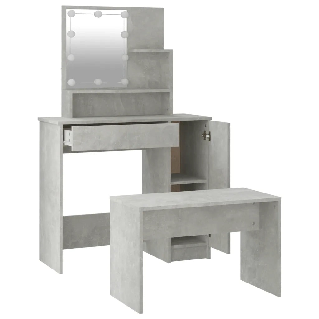 Set Tavolo da Toeletta | Tavolo da Trucco Grigio Cemento con LED Legno Multistrato