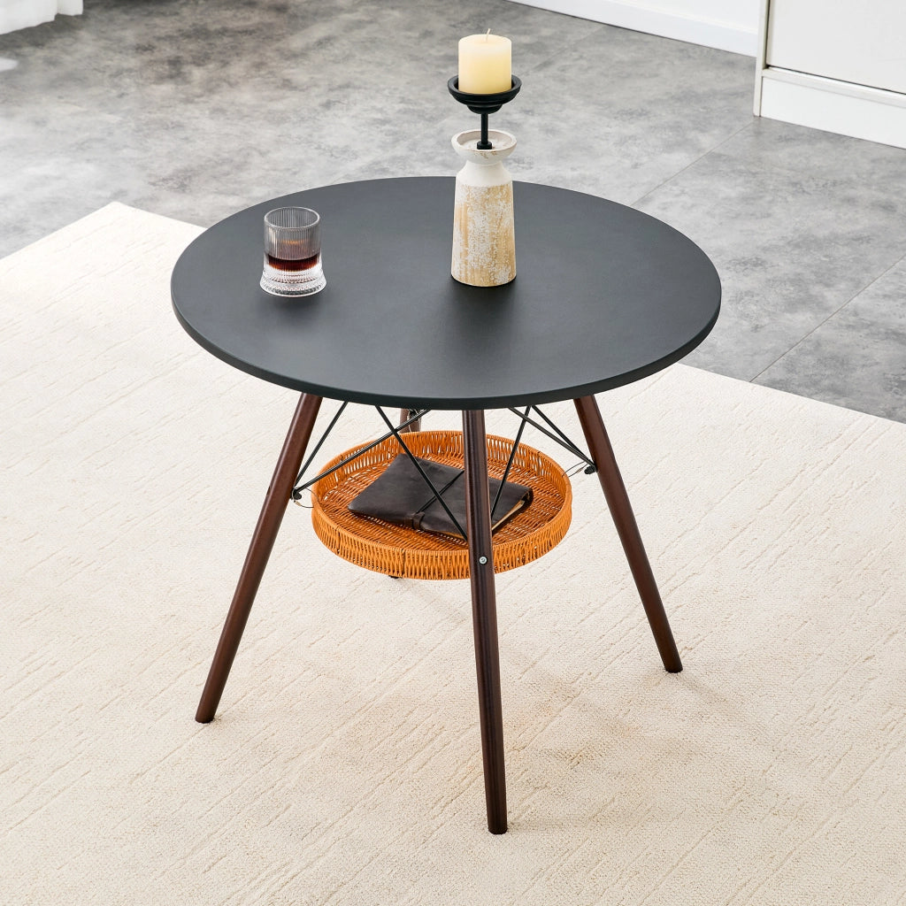 Tavolo da pranzo - rotondo Ø80 cm - MDF nero - gambe in noce massello - cesto intrecciato sospeso