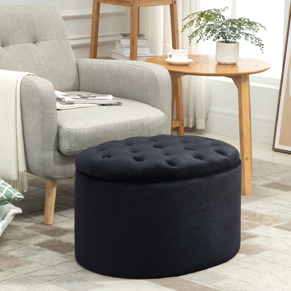 Pouf contenitore ovale imbottito 71x52x42 cm in poliestere nero