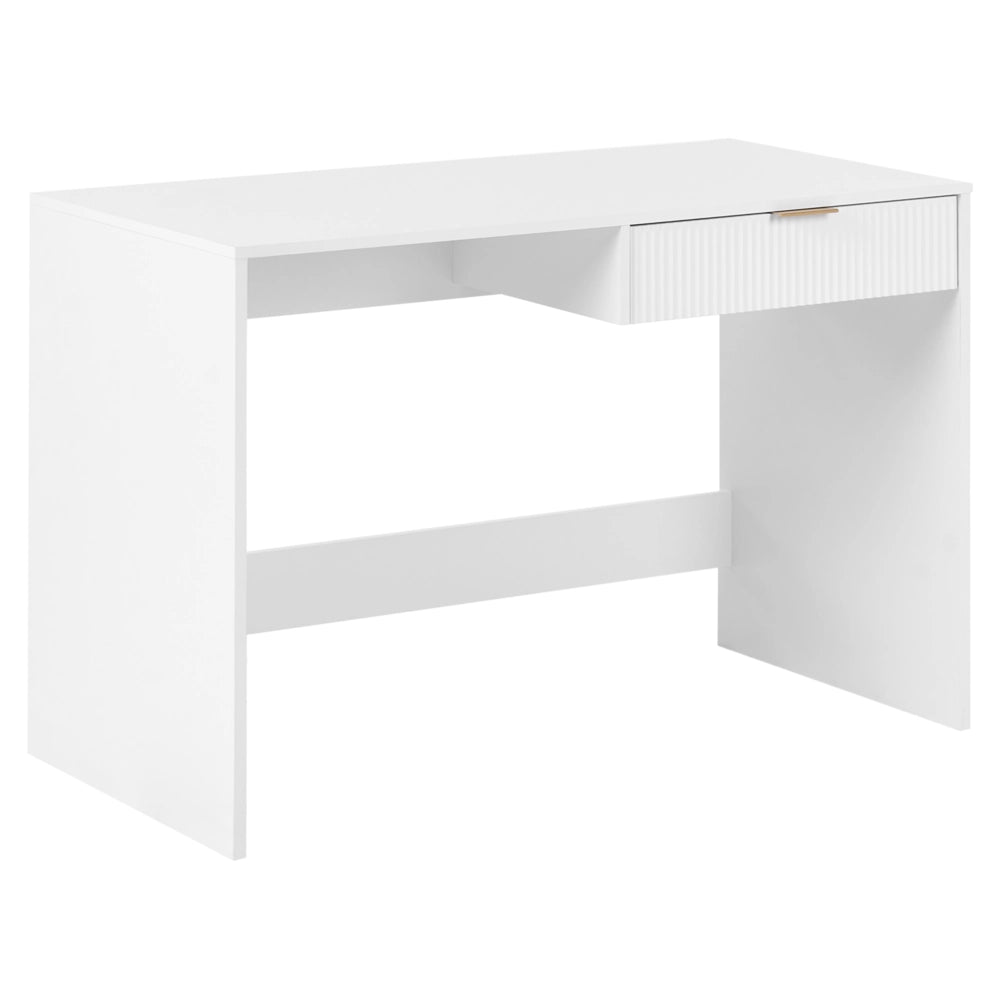 Scrivania da ufficio per casa in pannello truciolare bianco, 120 x 60 cm con 1 cassetto, gambe larghe, stile scandinavo