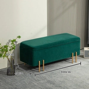 Panca contenitore imbottita in poliestere verde con vano interno, struttura in legno e metallo, 100 x 40 x 42 cm
