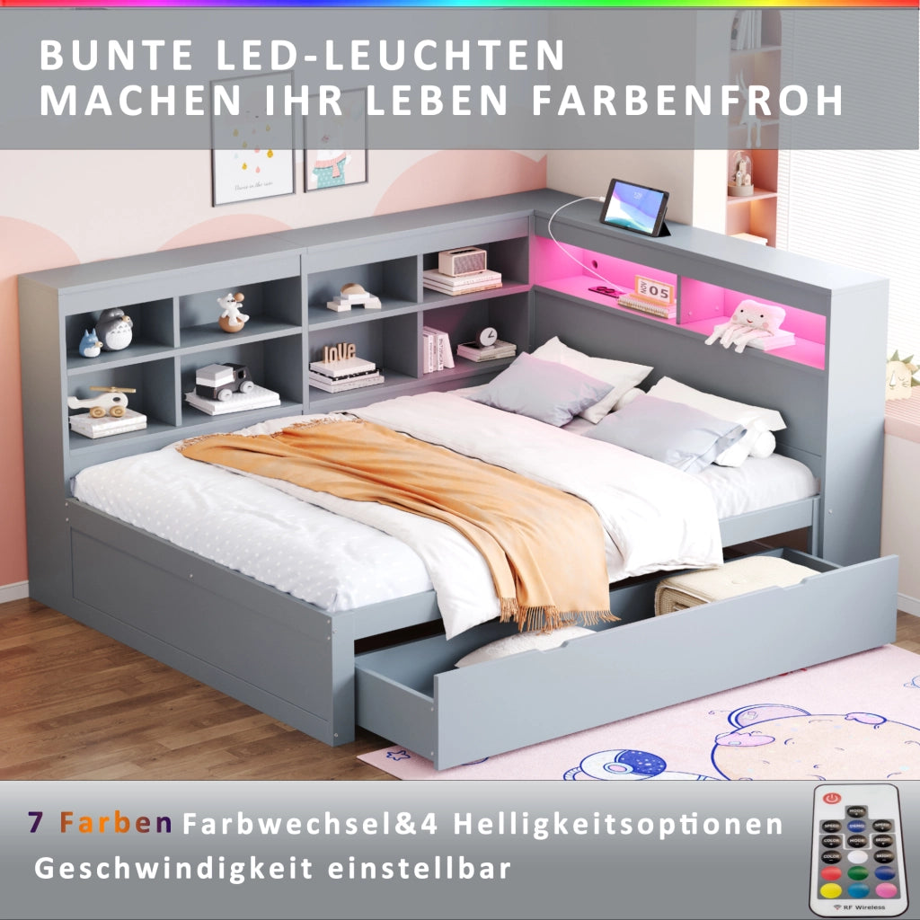 OKWISH Letto Divano 140×200 cm, Letto Matrimoniale con 2 Cassetti Grandi, USB, LED Regolabile e Mensole, senza Materasso, Legno, Grigio