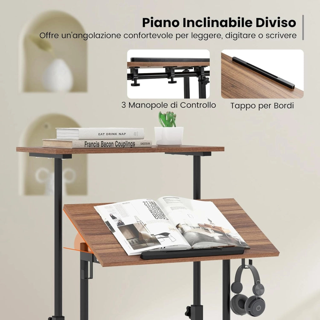 Scrivania per Computer Regolabile in Altezza, Postazione di Lavoro per Computer con Ruote e Ganci, Tavolo Porta PC per Studio e Ufficio, 60 x 60 x 72-124 cm (Marrone)
