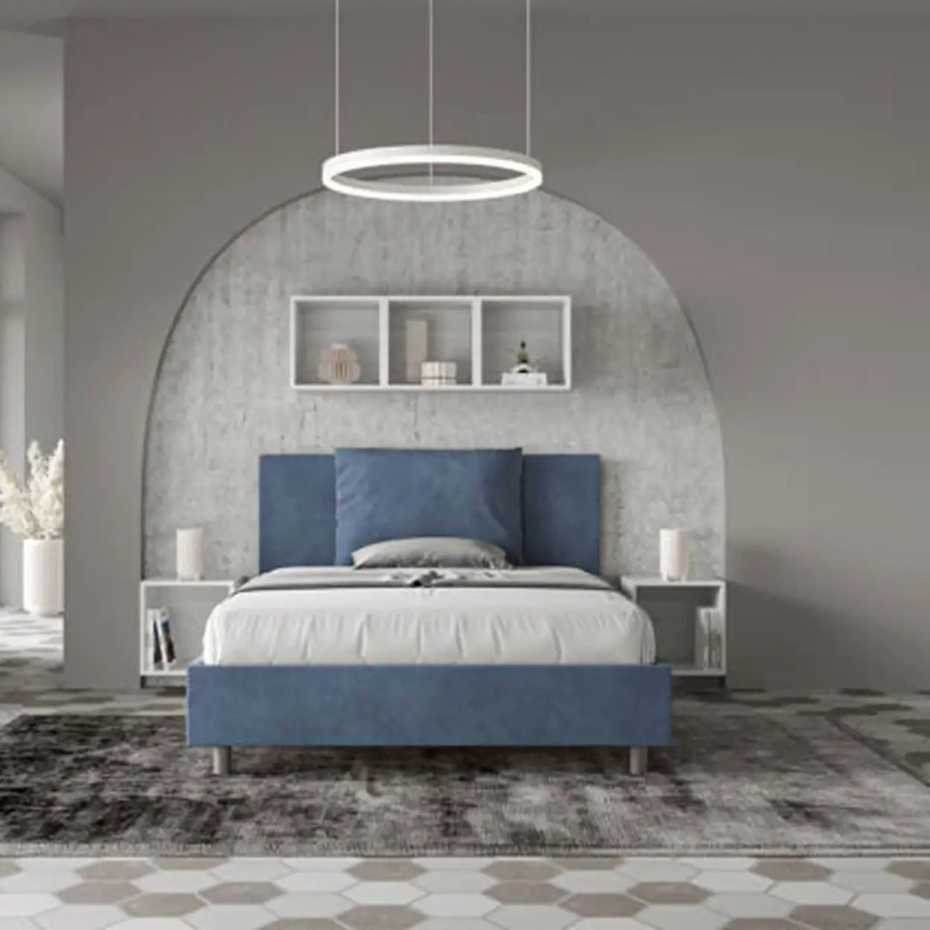 Letto matrimoniale francese con rete imbottito 140x200 microfibra blu Antea