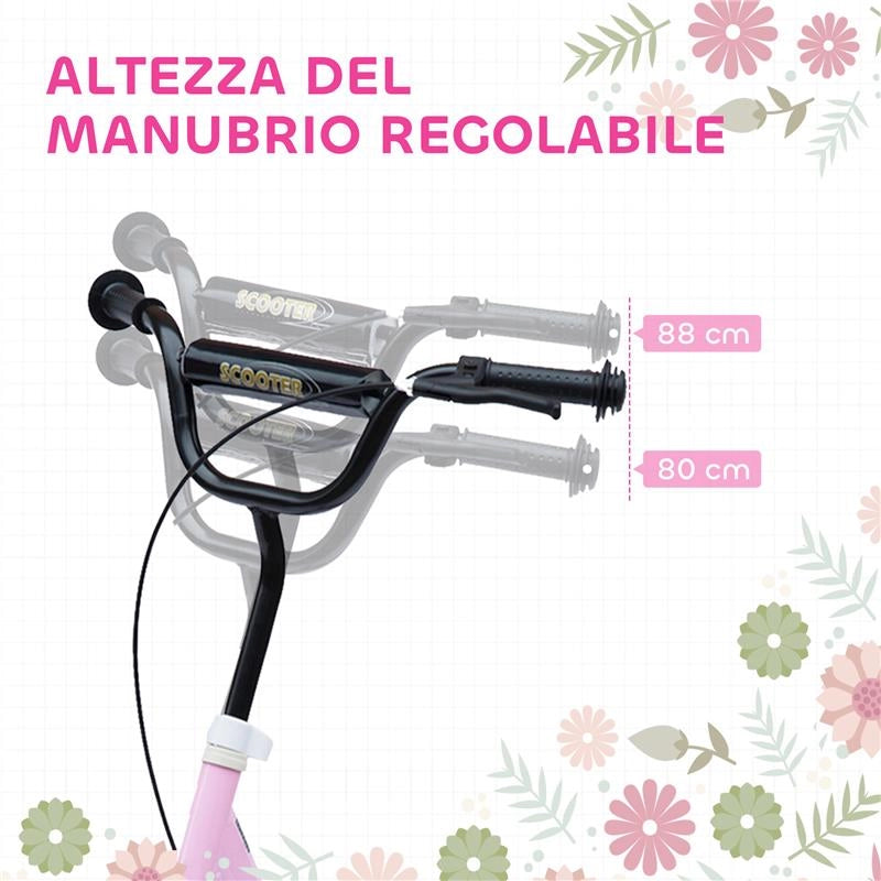 MONOPATTINO PER BAMBINI 5-12 ANNI CON FRENO POSTERIORE E MANUBRIO REGOLABILE, 120X52X80-88 CM, ROSA