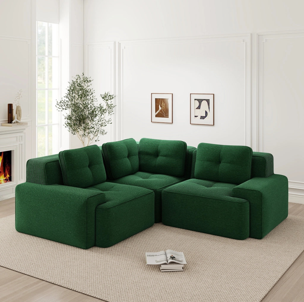 Divano angolare modulare 206x206x69 cm in corduroy verde con base antiscivolo