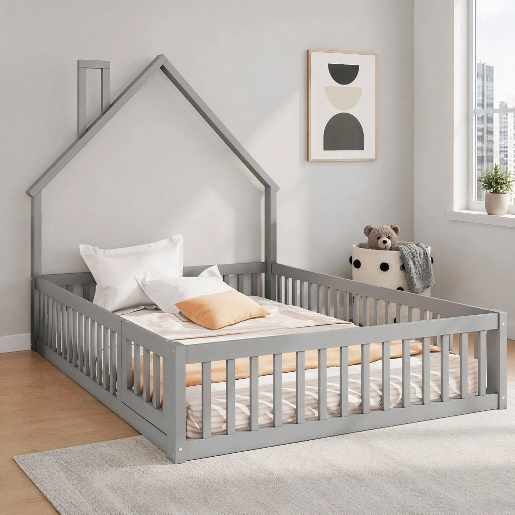 Letto per bambini a camino 140x200 cm grigio con rete