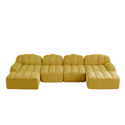 Divano angolare modulare a 4 posti con ottomano; schienale ergonomico; in pile granulato giallo
