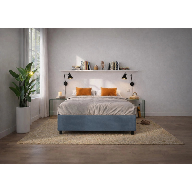 Letto imbottito Letto Matrimoniale alla Francese 140x200 cm BoxMax - Contenitore,Microfibra,Blu