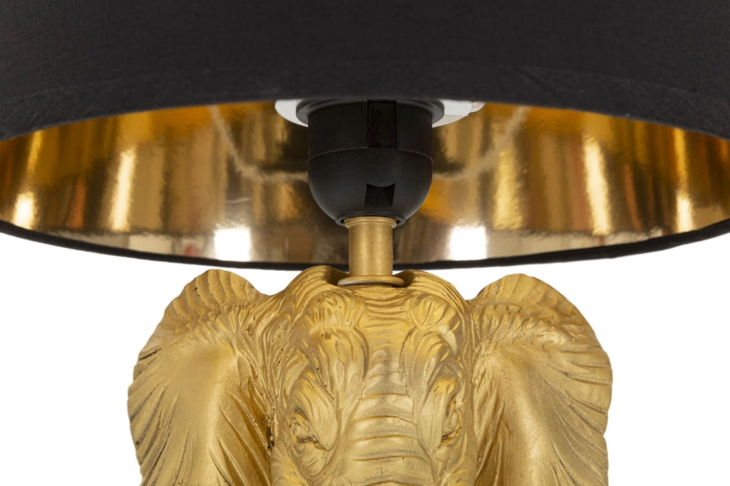 Lampada da tavolo con testa di elefante dorata, paralume nero diam 25x43 cm