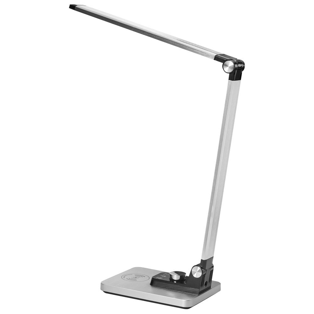 Lampada da scrivania moderna per ufficio domestico 3 modalità di temperatura Dimmer continuo Caricatore wireless Alluminio Materiale sintetico Argento