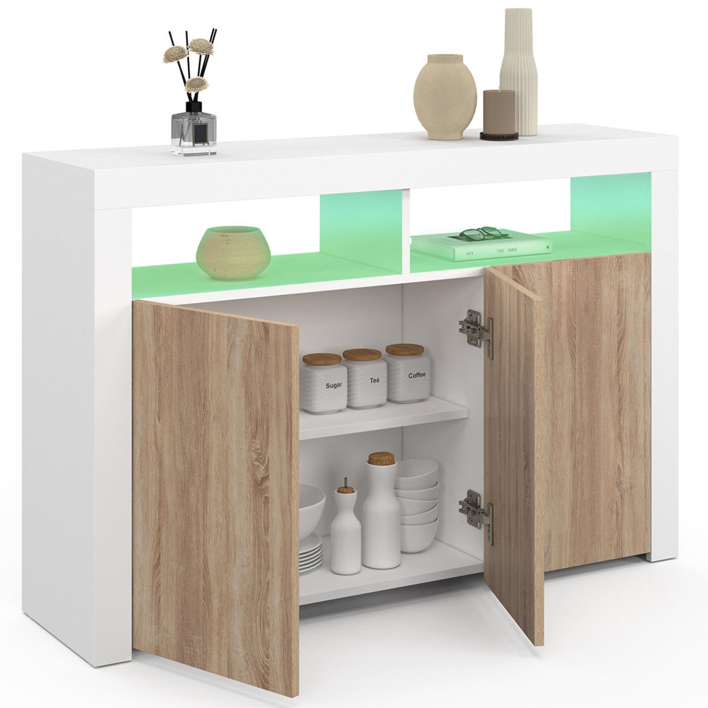 IDMarket - 110 cm ELIGHT Credenza a 3 ante con luce LED e nicchie in legno bianco ed effetto faggio
