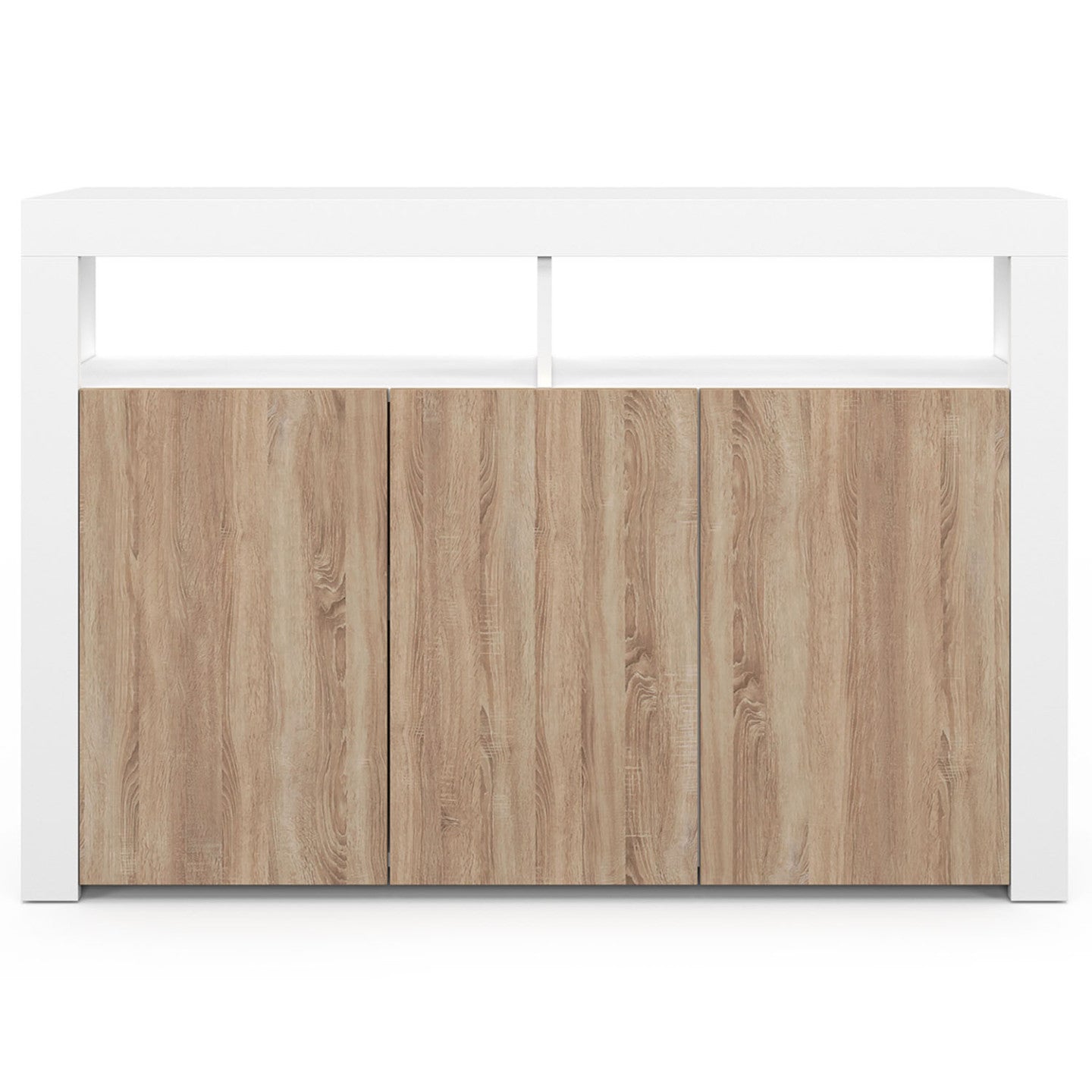 IDMarket - 110 cm ELIGHT Credenza a 3 ante con luce LED e nicchie in legno bianco ed effetto faggio
