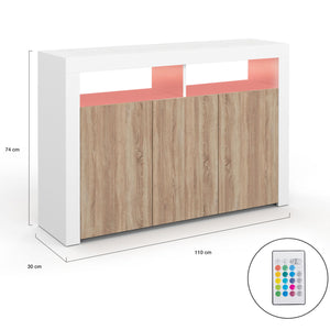 IDMarket - 110 cm ELIGHT Credenza a 3 ante con luce LED e nicchie in legno bianco ed effetto faggio