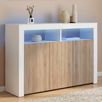 IDMarket - 110 cm ELIGHT Credenza a 3 ante con luce LED e nicchie in legno bianco ed effetto faggio