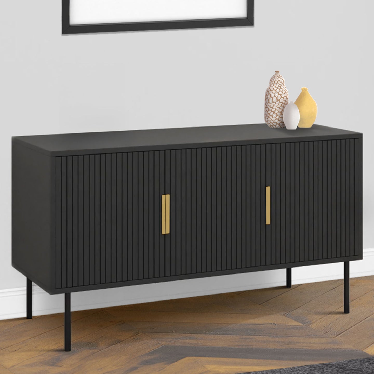 IDMarket - 110 cm MARCEL credenza nera a 3 ante con effetto dogato