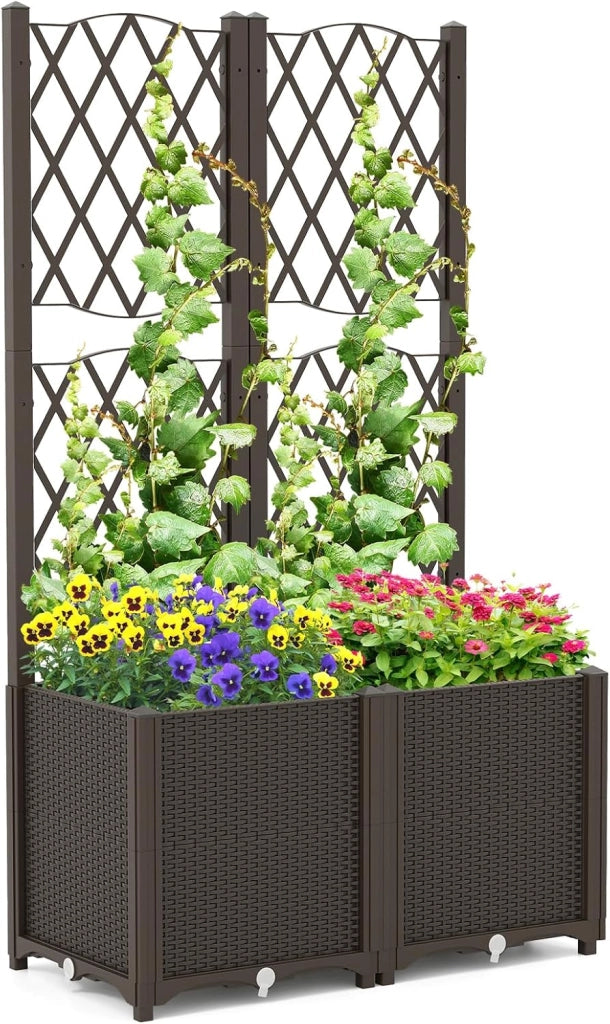 Letto da Giardino Elevato con Trellis a Lattice, Fioriera Autoinnaffiata per Piante Rampicanti, Fiori e Verdure, Fioriera Verticale da Interni e Esterni (Marrone,80 x 40 x 140 cm)