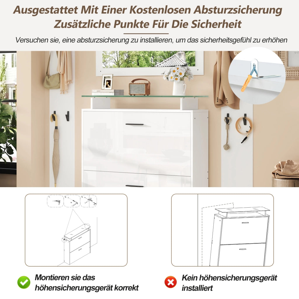 Mobili da ingresso con specchio e scarpiera a 2 ripiani ribaltabili con 8 ganci, bianco, per ingresso, 89,5 × 23 × 96,5 cm