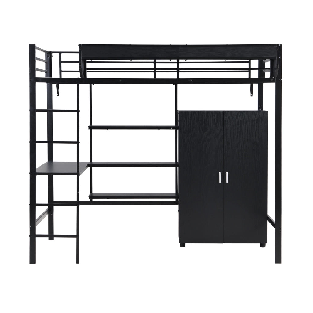Letto a Soppalco 90x200 cm - Scrivania; Armadio; Ripiani e Scala a 5 Gradini - Nero