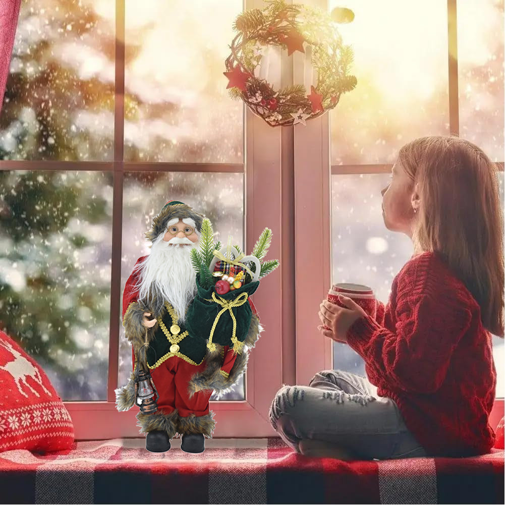 Statuina Babbo Natale Addobbo Statuetta 100cm Vestiti Tessuto e Sacco Natalizio