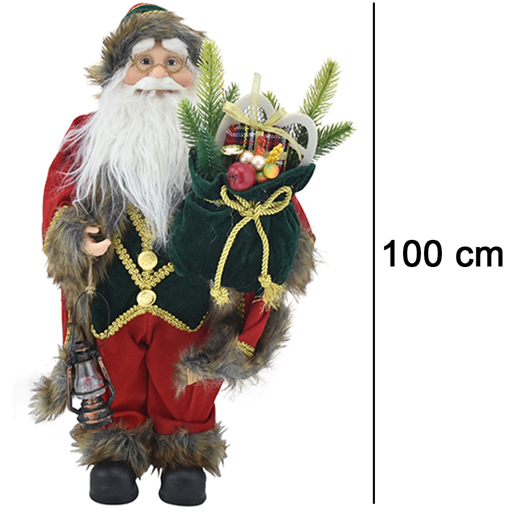 Statuina Babbo Natale Addobbo Statuetta 100cm Vestiti Tessuto e Sacco Natalizio
