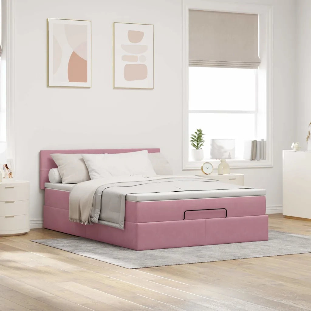Struttura Letto Pouf con Materasso Rosa 140x200 cm in Velluto 3311782