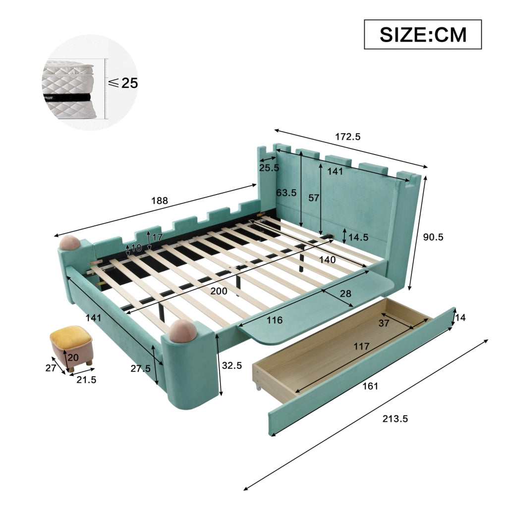 Letto imbottito 140x200 cm con sponda pieghevole e cassetto contenitore in velluto blu-verde