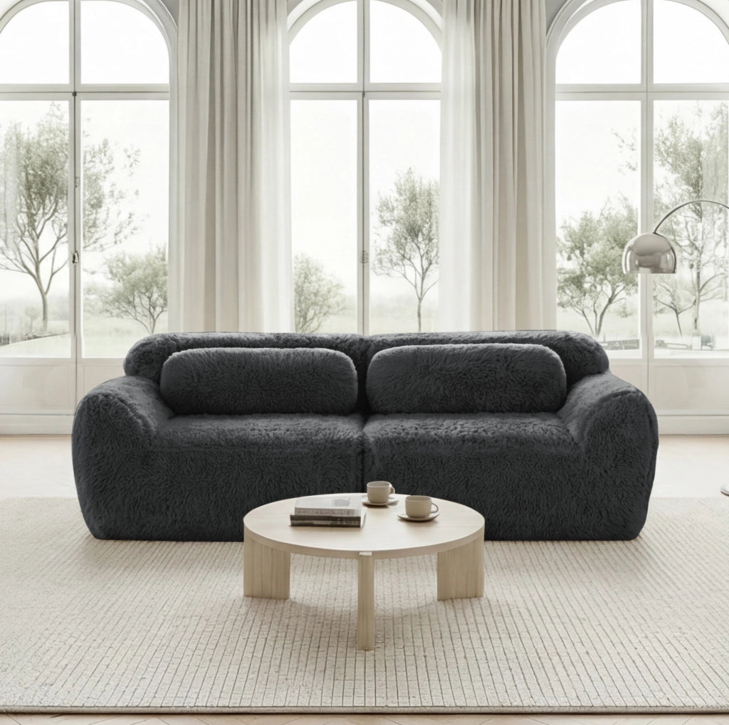 Divano 2 posti in tessuto plush grigio, design modulare senza telaio, con cuscini e base antiscivolo