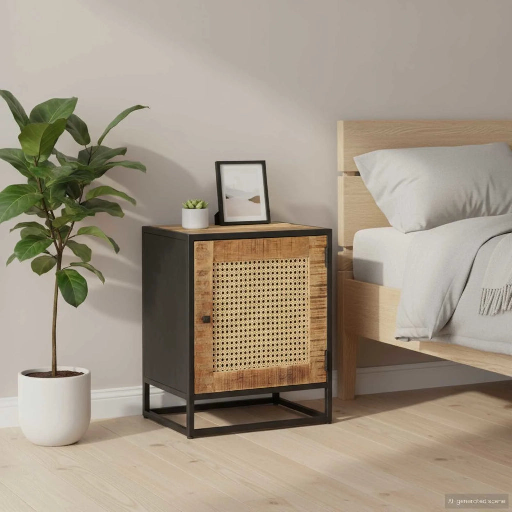 Comodino 40x30x50 cm Legno di Mango Grezzo e Canna Naturale 323140