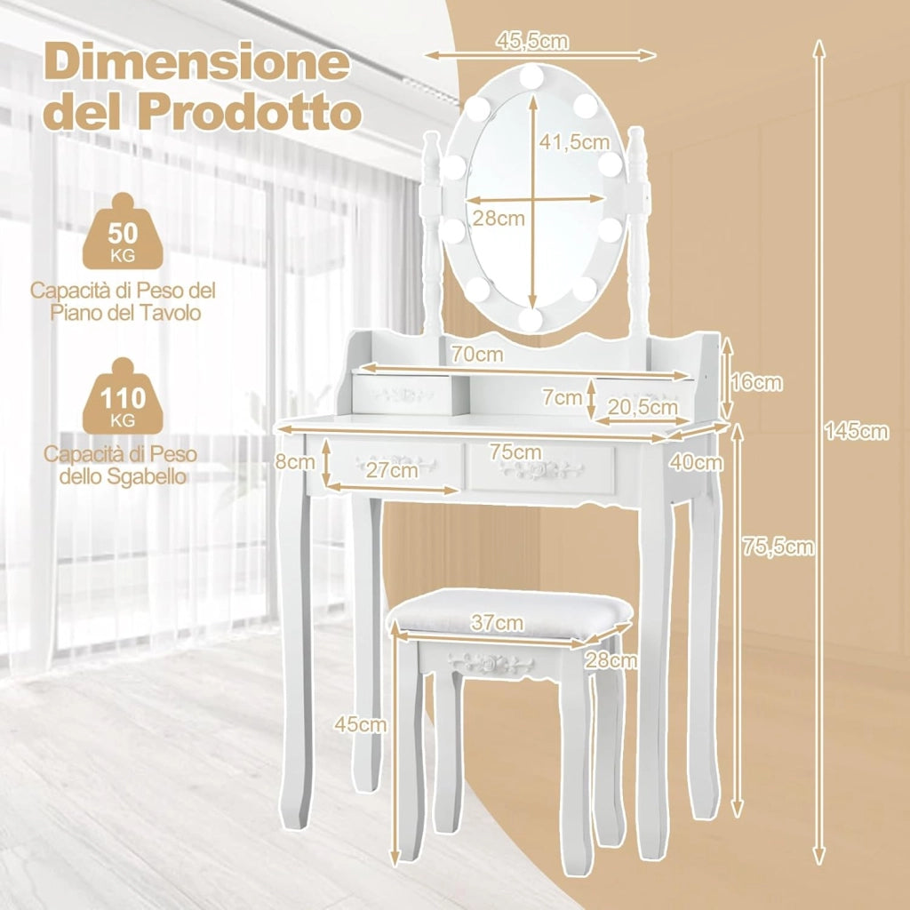 Toeletta da Trucco con 10 Luci LED, Set Tavolo da Trucco con 4 Cassetti e Sgabello, Specchio Girevole 360°, Consolle Toeletta per Soggiorno Camera da Letto, 75 x 40 x 145 cm (Bianco)