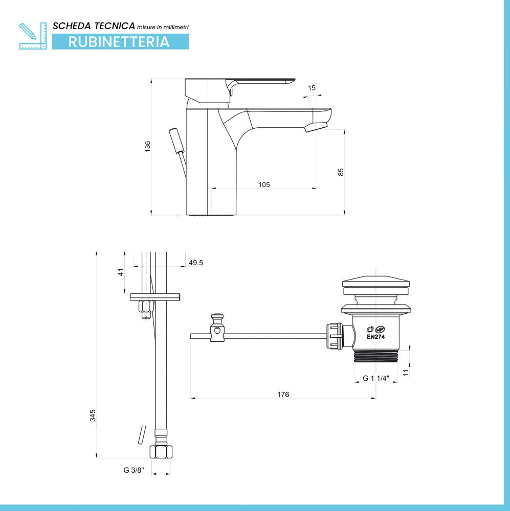 Set miscelatori lavabo bidet con pilette e doccia a due vie in ottone cromato lucido P3 Paini
