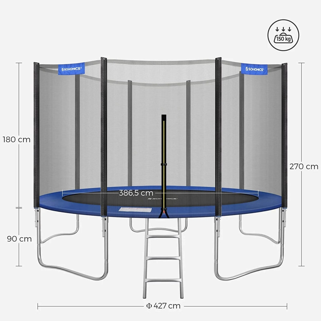 Trampolino da esterno diametro 427 cm attrezzatura da giardino con scaletta rete protettiva pali coperti neri e blu 12_0002077