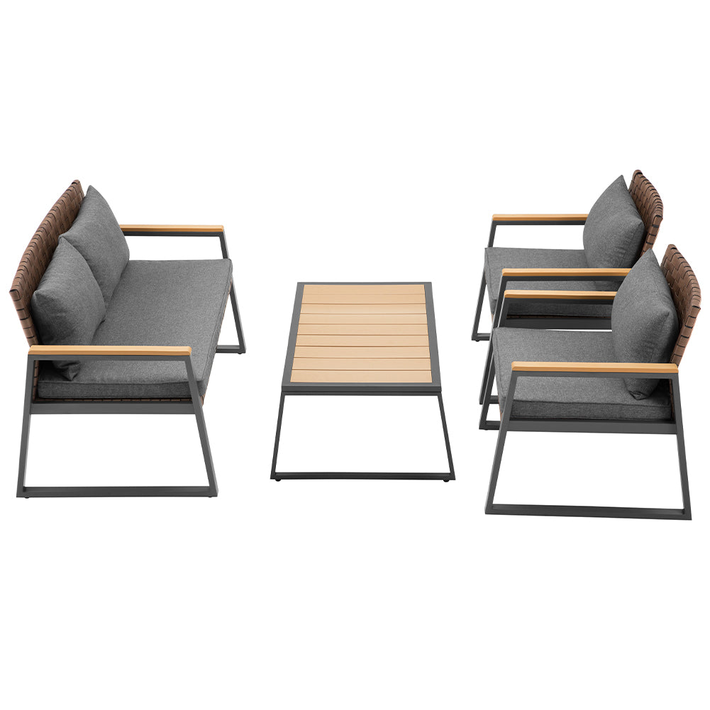 Set da Giardino 4pz Salotto Poltrone Tavolino Metallo e Polyrattan con Cuscini