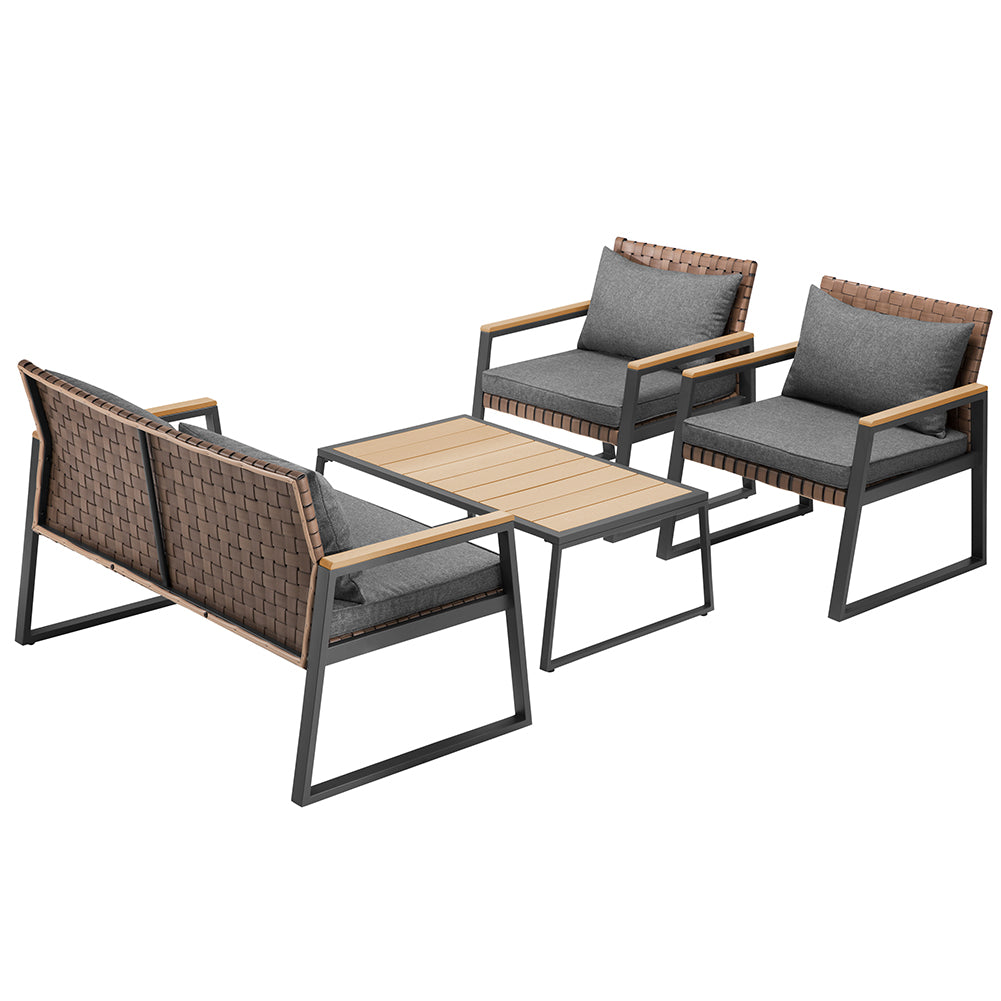 Set da Giardino 4pz Salotto Poltrone Tavolino Metallo e Polyrattan con Cuscini