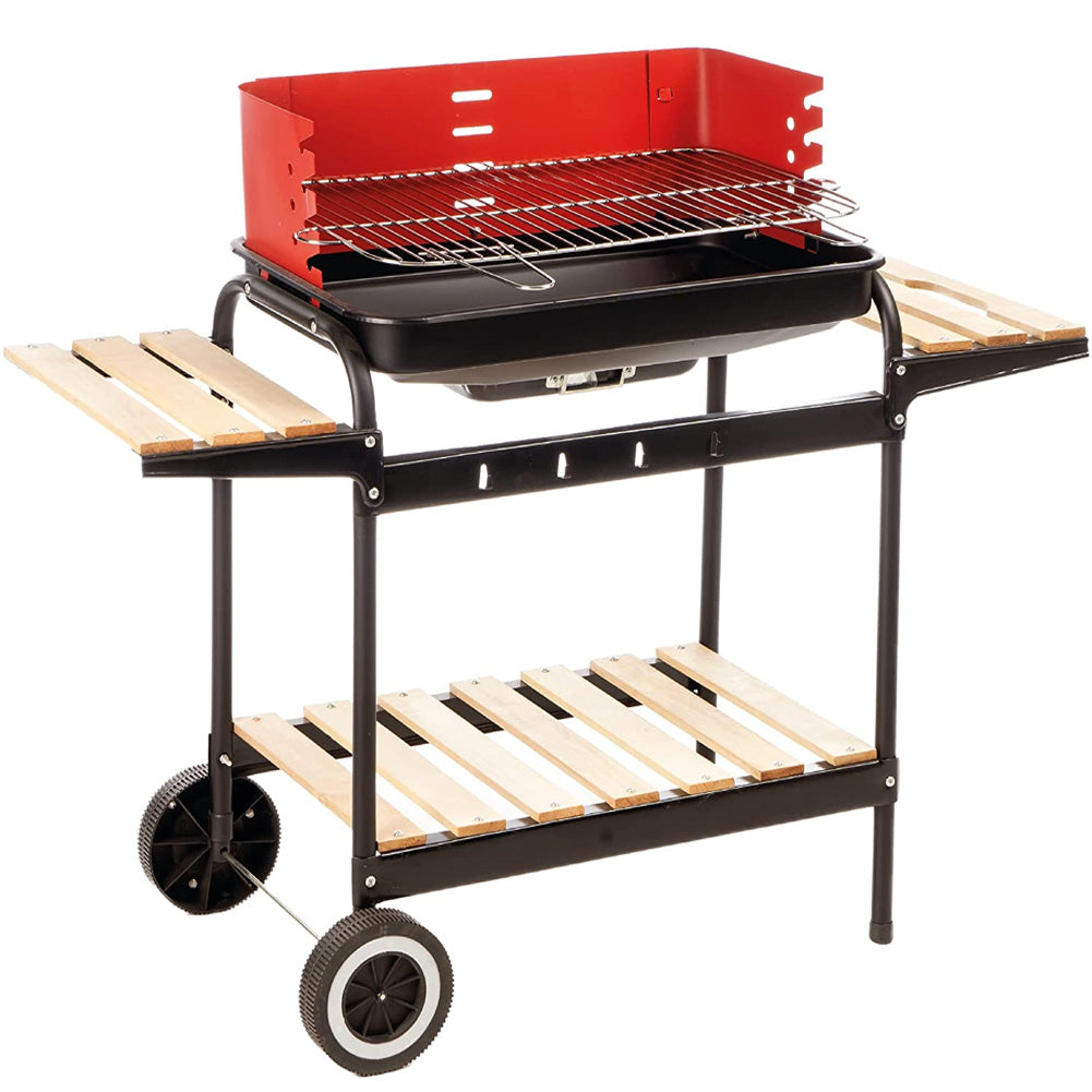 Barbecue Trolley a Carbonella con Ripiani Legno e Griglia Regolabile Portatile