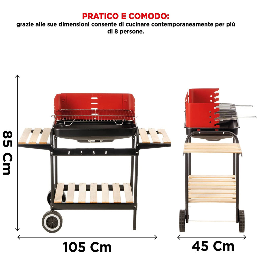 Barbecue Trolley a Carbonella con Ripiani Legno e Griglia Regolabile Portatile