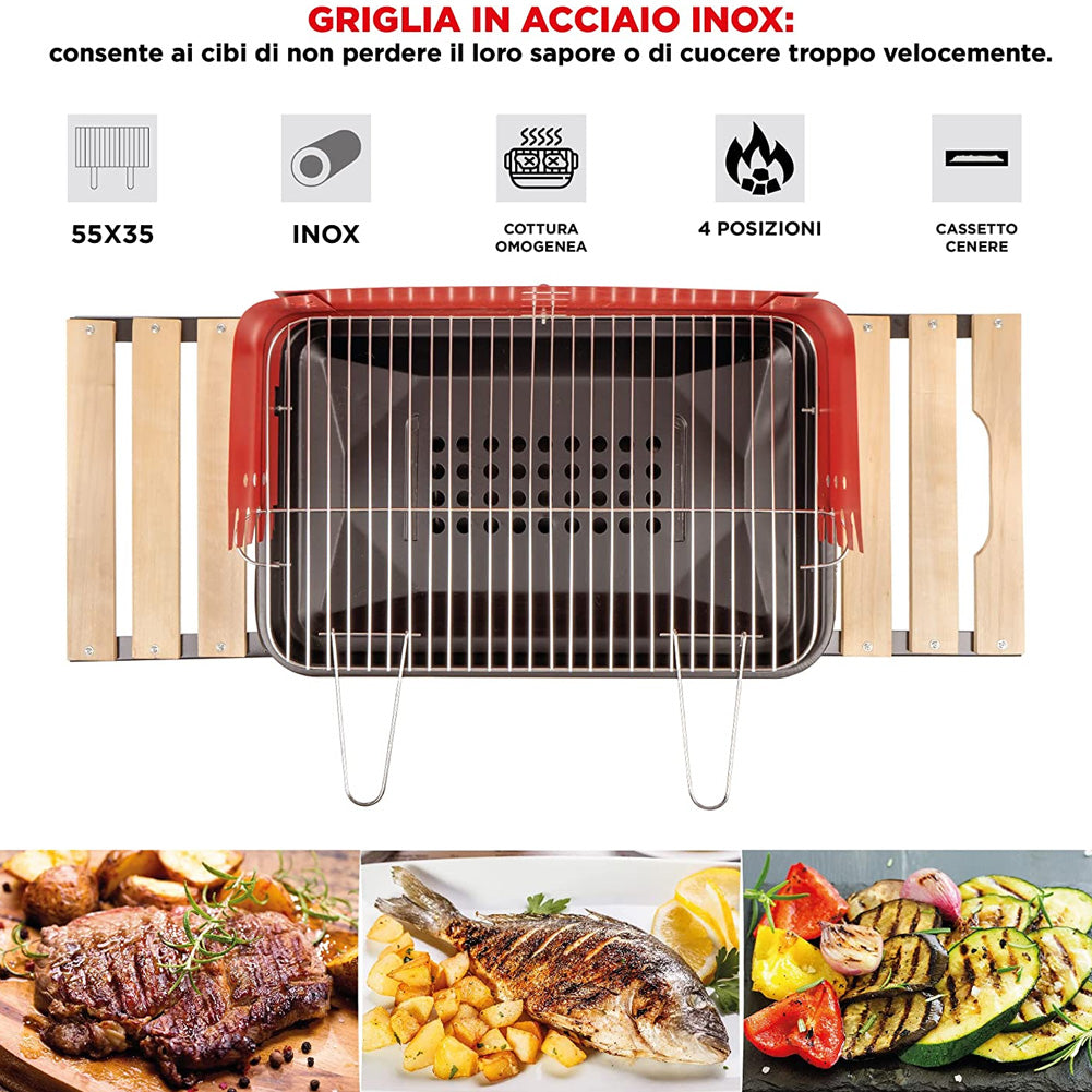 Barbecue Trolley a Carbonella con Ripiani Legno e Griglia Regolabile Portatile