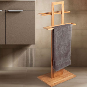 Piantana Porta Asciugamani In Legno di Bambù 2 Braccia H85 cm Colore Naturale