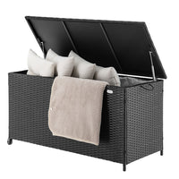 Baule Portaoggetti da Giardino Cassapanca Polyrattan Impermeabile 2 Ruote Nero