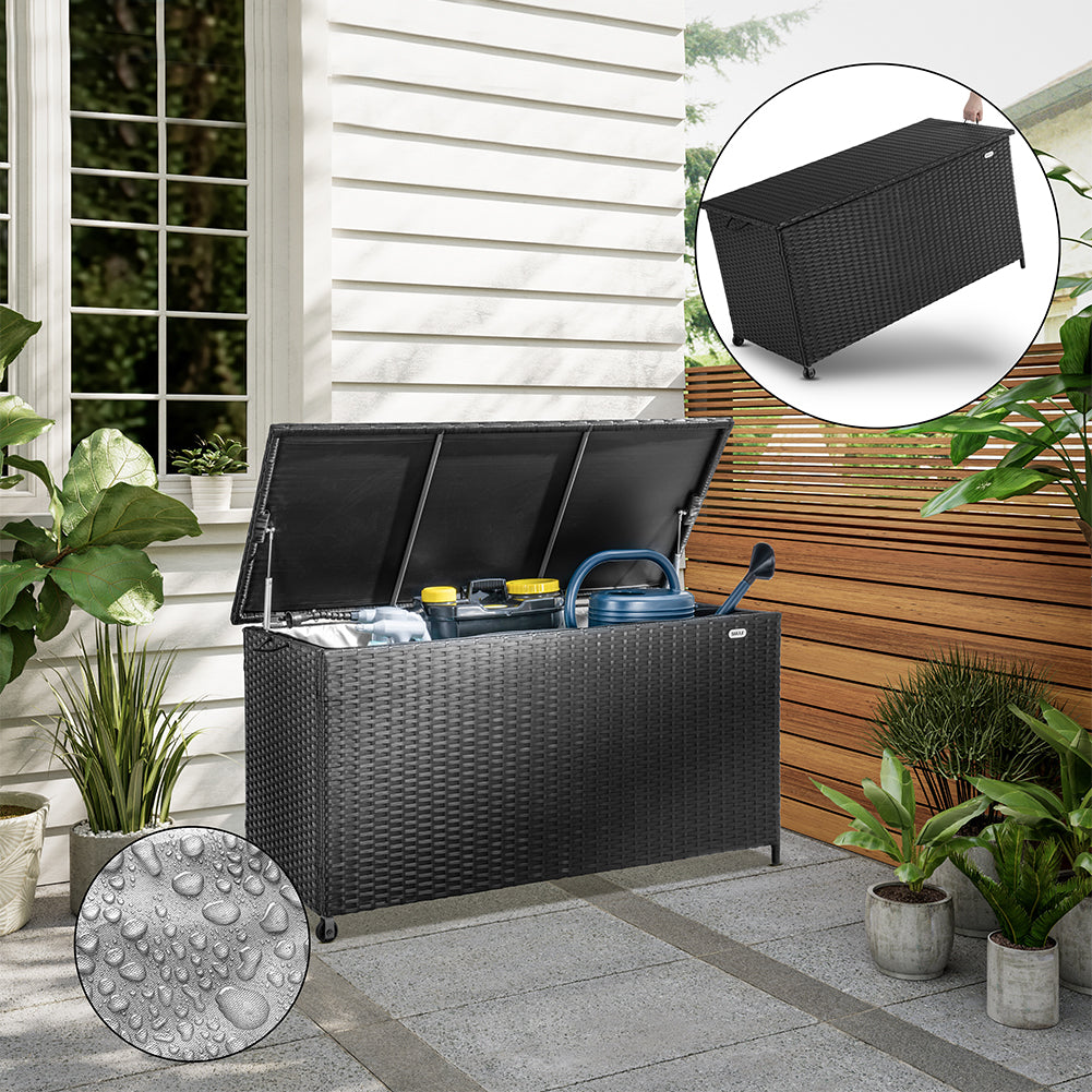 Baule Portaoggetti da Giardino Cassapanca Polyrattan Impermeabile 2 Ruote Nero
